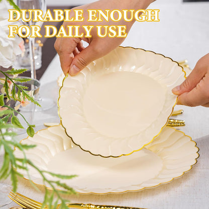 Lullaby 60PCS Ivory Scalloped Plastic Plates with Gold Rim, Disposable Elegant Plates Include 30pcs Dinner Plate 10.25", 30pcs Plastic Dessert Plate 7.5", Perfect for Wedding and Party