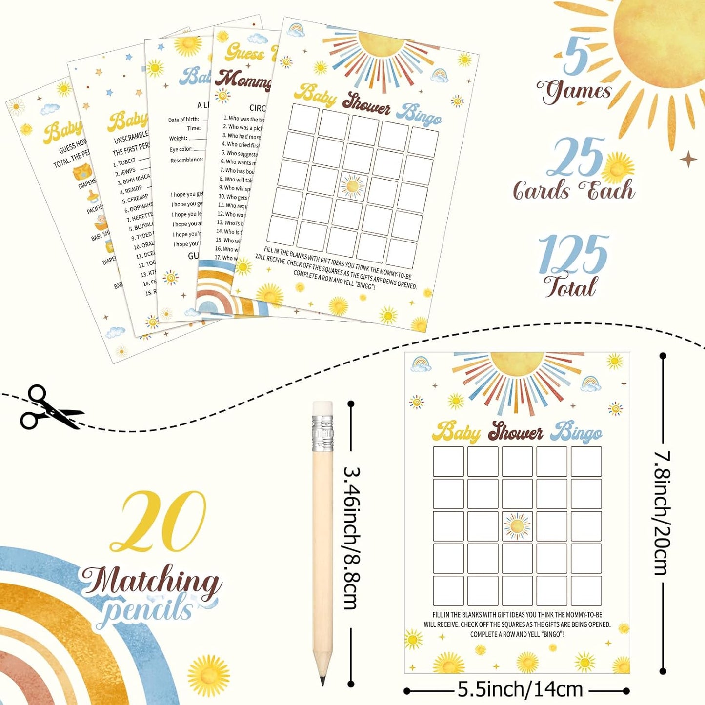 Yinder 145 Pcs Baby Shower Games Activities Cards with 20 Pencils Includes Baby Bingo Description and Wishes Guess Who Price is Right Word Scramble Game(Here Comes the Son)
