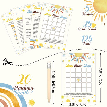 Yinder 145 Pcs Baby Shower Games Activities Cards with 20 Pencils Includes Baby Bingo Description and Wishes Guess Who Price is Right Word Scramble Game(Here Comes the Son)