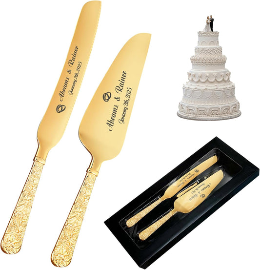 HJX Personalized Wedding Cake Knife and Server Set with Champagne Flutes, Custom Name Text Toasting Glasses for Bride and Groom, Cake Cutting Set Ideal Wedding Engagement Bridal Shower Gift