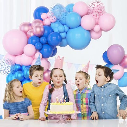 Amandir 153pcs Purple Blue Pink Balloon Garland Arch Kit, Different Sizes 18 12 10 5 inch Teal Yellow Latex Metallic Confetti Balloons for Magic Birthday Engagement Party Decoration