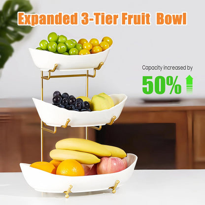Ceramic Fruit Bowl for Kitchen Counter - 3 Tier Fruit Basket with Metal Stand, Tiered Fruit Stand for Countertop, Snack, Nuts, Cake, Dessert, Cute (Gold, Small) 1