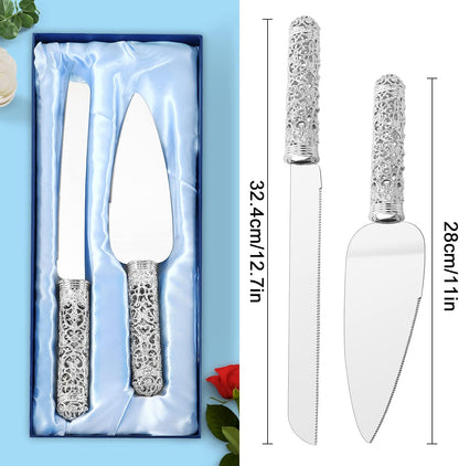 Gold Cake Knife and Server Set - 2 Piece Dessert Set Metal Handle with Crystal Stones Decoration for Wedding, Anniversary Party Birthday Banquets and Gifts for Bride and Groom