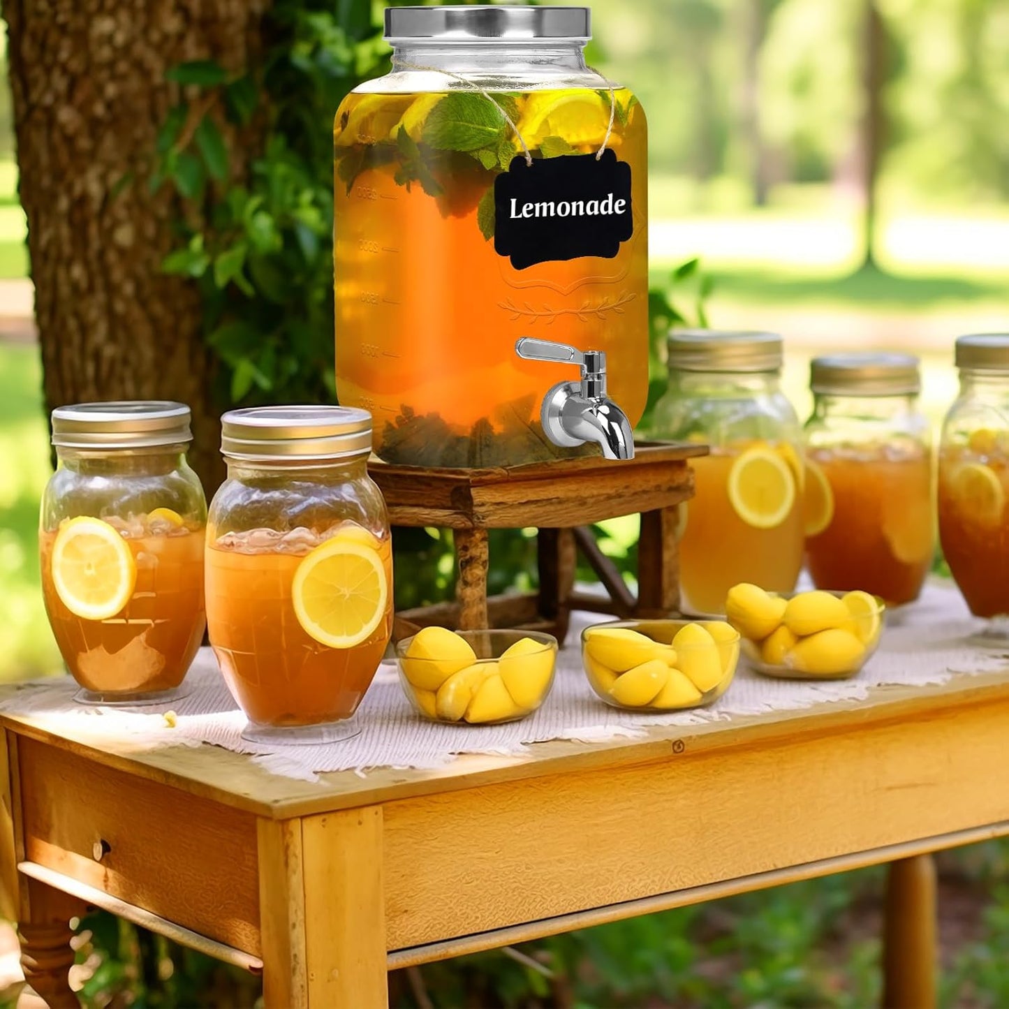 Bululuo Glass Drinks Dispenser for Parties, 2 PACK 1 Gallon Beverage Dispenser with Stand for Juice and Iced Tea, Water Jug Dispenser for Lemonade, Party Essential Beverage Pitcher with Spout
