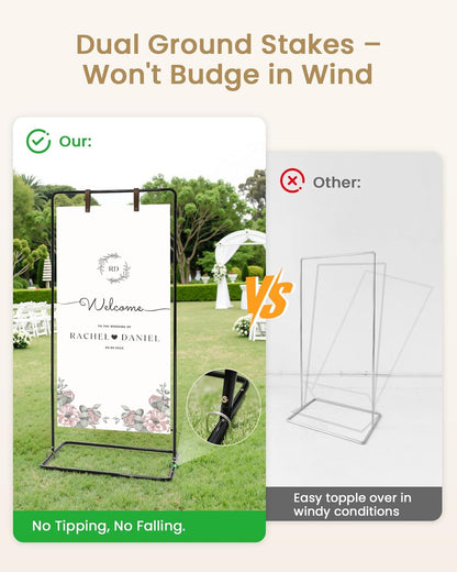 Wedding Welcome Sign Stand, Welcome to our Wedding Sign Holder, Black Easel Stand for Sign Poster With Design Bundle & Ground Stakes & Leather Sign Hanging Straps, Linen Sign Stand for Wedding Decor