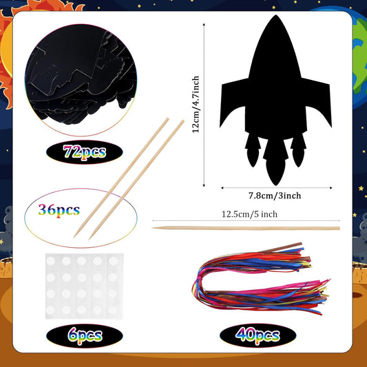 Engrowtic 72 Pieces Rocket Scratch Cards Outer Space Theme Party Scratch Crafts Rainbow Rocket Paper Card Art Favors for DIY Crafts Home Decoration Project