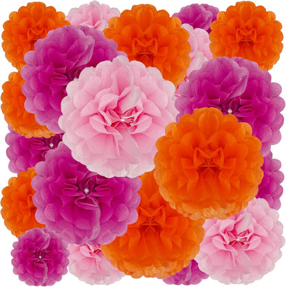 Tissue Paper Pom Poms, Pink Tissue Paper Flowers, Hanging Flower Balls for Weddings Fiesta Parties Birthday Baby Showers Classroom Bridal Shower Decoration (18Piece Set-6/10/12/14Inch)