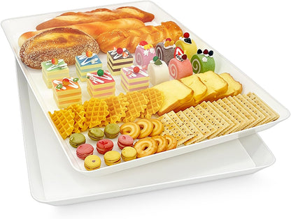 Serving Tray Platter, 4 Pack Food Tray for Veggie Fruit Snack Dessert Cookie Cheese, Food Trays for Party Supplies Display, Plastic Platters for Serving Food, Large White Trays, BPA Free