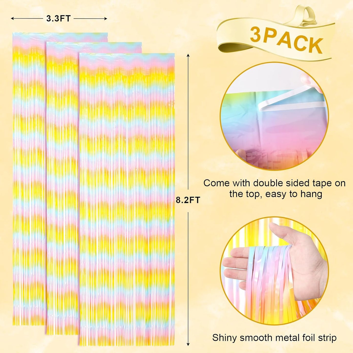 Voircoloria 3 Pack 3.3x8.2 Feet Gold Foil Fringe Backdrop Curtains, Tinsel Streamers, Fringe Backdrop for 2025 New Years Eve, Graduation, Birthday, Baby Shower, Gender Reveal, Disco Party - Colors B