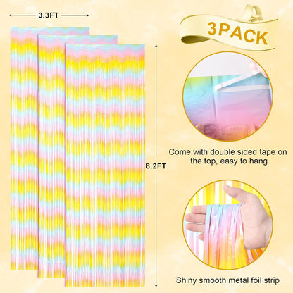 Voircoloria 3 Pack 3.3x8.2 Feet Gold Foil Fringe Backdrop Curtains, Tinsel Streamers, Fringe Backdrop for 2025 New Years Eve, Graduation, Birthday, Baby Shower, Gender Reveal, Disco Party - Colors B