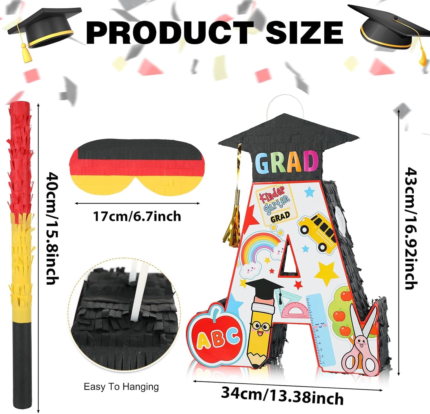 2026 Graduation Piñata with Stick,Blindfold,Confetti - 15.8 Inch Congrats Grad Cap Piñata Yellow End of Year Piñata Party Decoration for Kindergarten School Elementary College Games (Style 2)