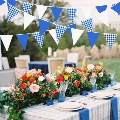 32Ft Dusty Blue Party Decorations Retro Blue Gingham Triangle Banner Flag Pennant Fabric Garland Streamers for Nautical Wedding Birthday Ahoy Achor Bridal Baby Shower Under The Sea Decor Supplies
