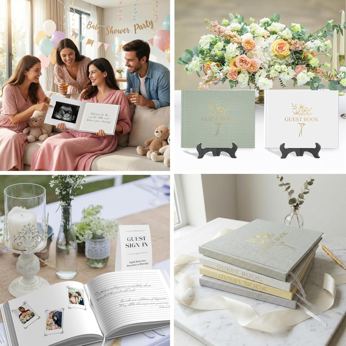 Wedding Guest Book for Memorial Service with 216 Photo Corners Stickers, Linen Guestbook to Sign at Bridal Shower or Wedding Reception Party,100 Pages, Blank Thick Paper Books for Baby Shower- Sage
