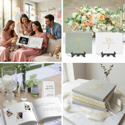 Wedding Guest Book for Memorial Service with 216 Photo Corners Stickers, Linen Guestbook to Sign at Bridal Shower or Wedding Reception Party,100 Pages, Blank Thick Paper Books for Baby Shower- Sage