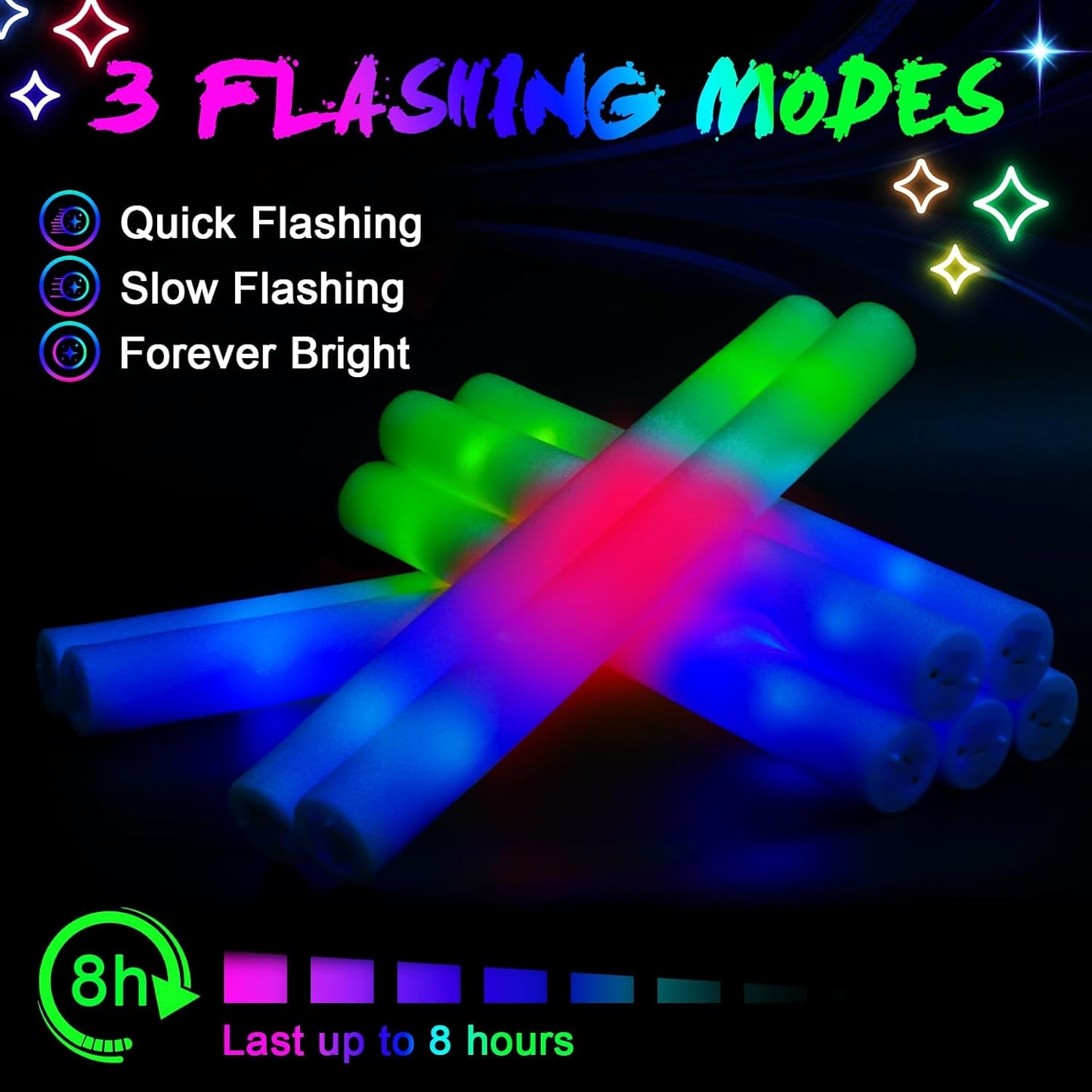 wellent 230 LED Foam Glow Sticks, Bulk Glow Sticks, Foam Light Up Sticks Bulk, LED Foam Sticks with 3 Colorful Flash Mode,Glow Party Supply for Wedding, Birthday, Concert, Carnival, Sporting Events