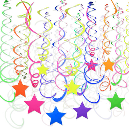 56 Pieces Rainbow Hanging Swirl Decorations Neon Swirl Streamers UV Neon Garland Ceiling Decorations Glow in The Dark Neon Party Supplies and Decorations Black Light Party Kit for Birthday Wedding