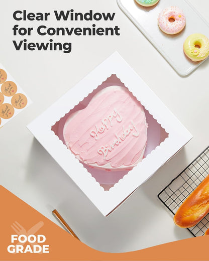 Kootek 15pcs Cake Boxes, 10x10x8 Inches Tall Cake Box with Window, White Bakery Boxes, Large Baking Boxes, Square Cardboard Cake Box for Multi-Layer Cakes, Cake Decorating Supplies for Gift Giving