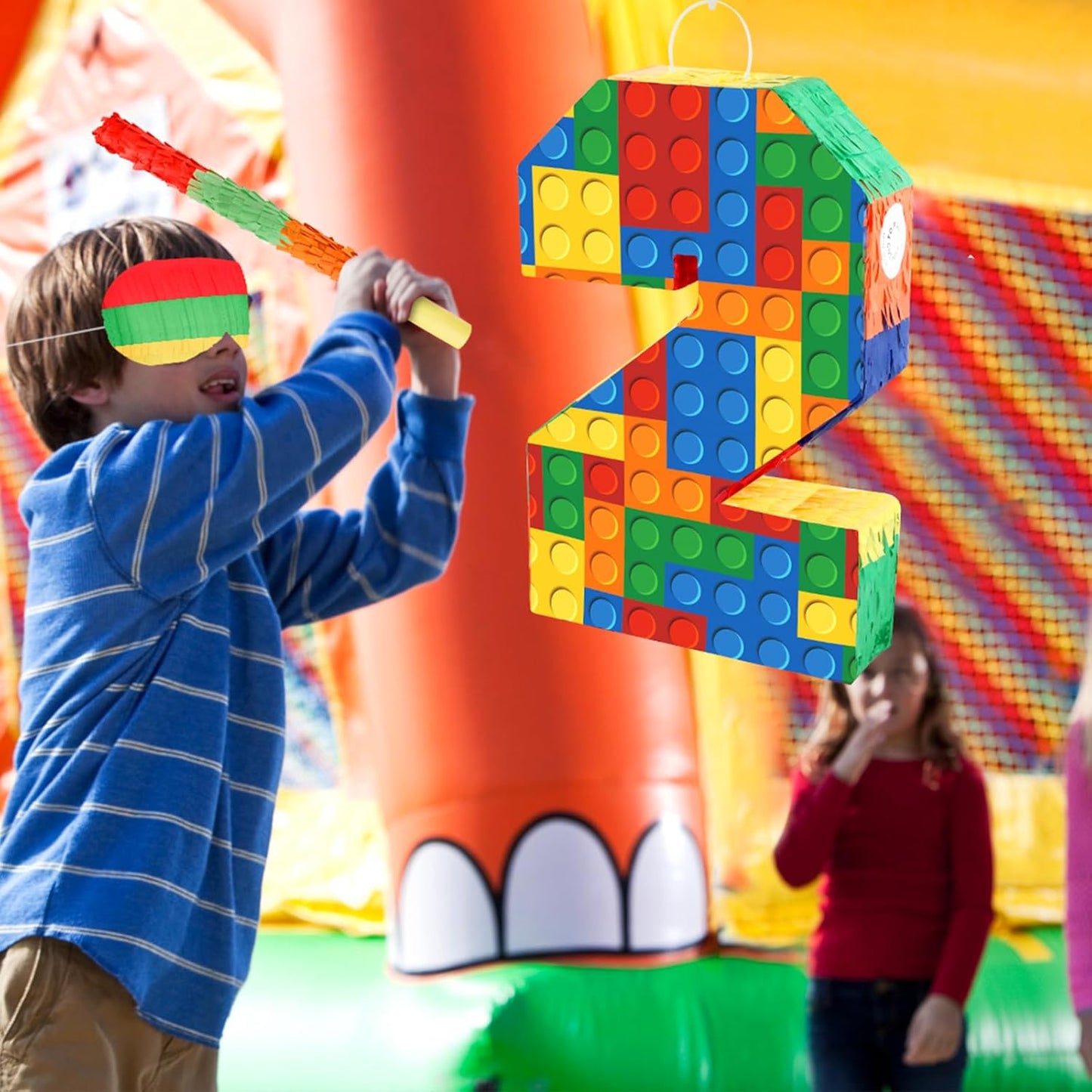 Number 7 Pinata Building Blocks with Pinata Stick Blindfold 7th Birthday Party Decorations Happy Birthday Building Block Theme Anniversary Party Supplies for Kids (Small, 16 x 10.6 x 3 in)