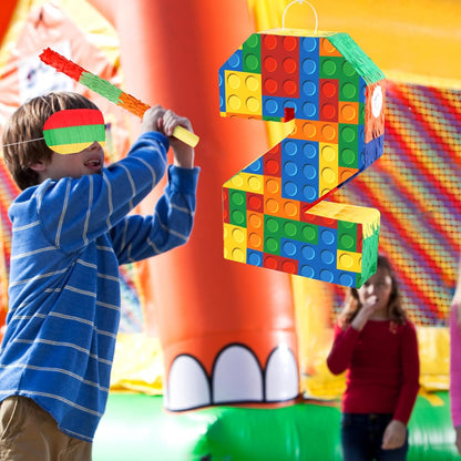 Number 7 Pinata Building Blocks with Pinata Stick Blindfold 7th Birthday Party Decorations Happy Birthday Building Block Theme Anniversary Party Supplies for Kids (Small, 16 x 10.6 x 3 in)