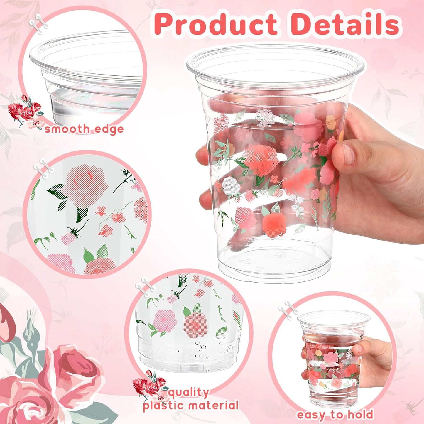 Hushee 60 Pcs Purple Floral Cups with Spring Summer Flower 16 oz Wildflowers Plastic Disposable Drinking Cups for Summer Spring Birthday Baby Shower Wedding Party Supplies
