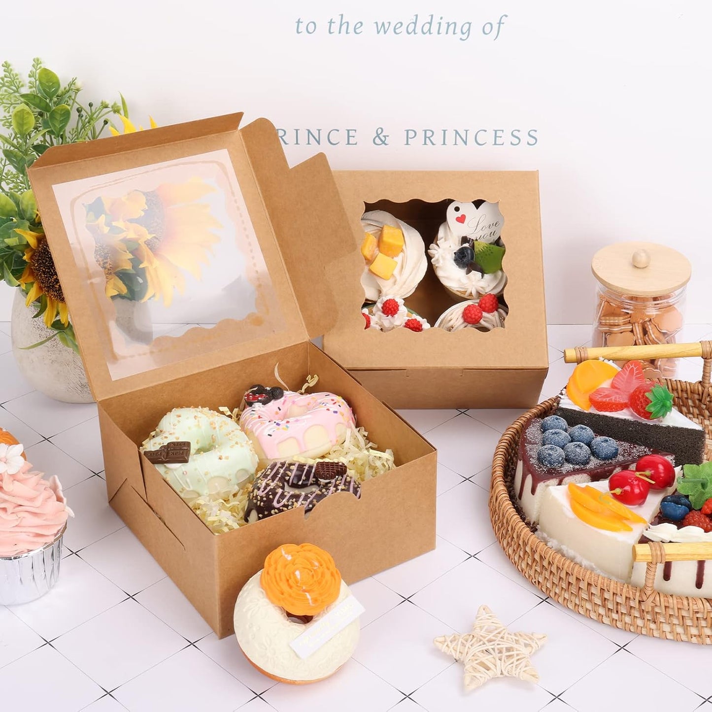 Moretoes 15pcs Cookie Boxes with Window, 6x6x3in Brown Bakery Boxes for Treats, Small Cake, Desserts, Donuts, Pastry
