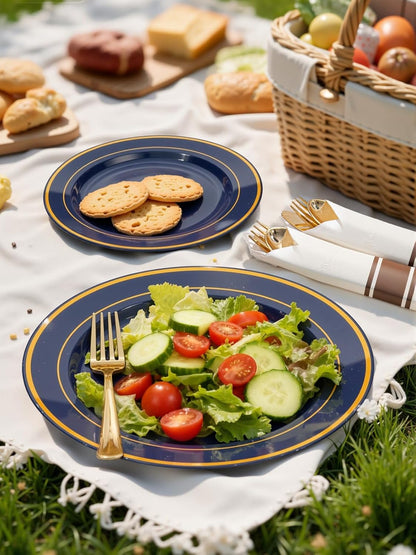 350 Pieces Black and Gold Plastic Plates with Disposable Silverware, Include 50 Dinner Plates 9”, 50 Dessert Plates 6.3”, 50 Black Cups 9 OZ, 50 Pre Rolled Napkins for Wedding Party Graduation