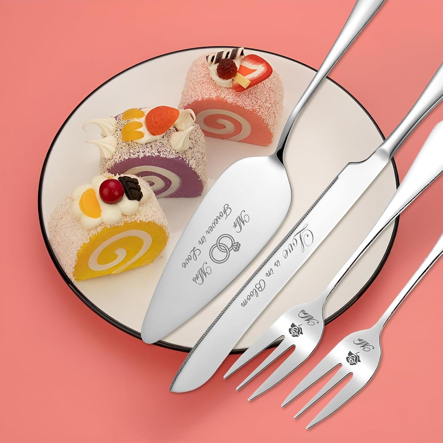 Wedding Cake Knife and Server Set, Stainless Steel Cakes toppers with Forks, Engraved Cake Cutting Set, Cutter Pie Spatula for Engagement, Birthday, Party, Christmas, Anniversary (Silver)