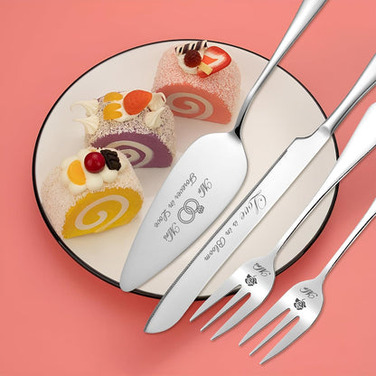 Wedding Cake Knife and Server Set, Stainless Steel Cakes toppers with Forks, Engraved Cake Cutting Set, Cutter Pie Spatula for Engagement, Birthday, Party, Christmas, Anniversary (Silver)