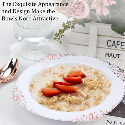 Nervure 50 Pack White Plastic Bowls with Gold Rim - 12oz Disposable Soup Bowls - Heavy Duty Dessert Bowl, Salad Bowl Perfect for Weddings, Parties, Mothers Day