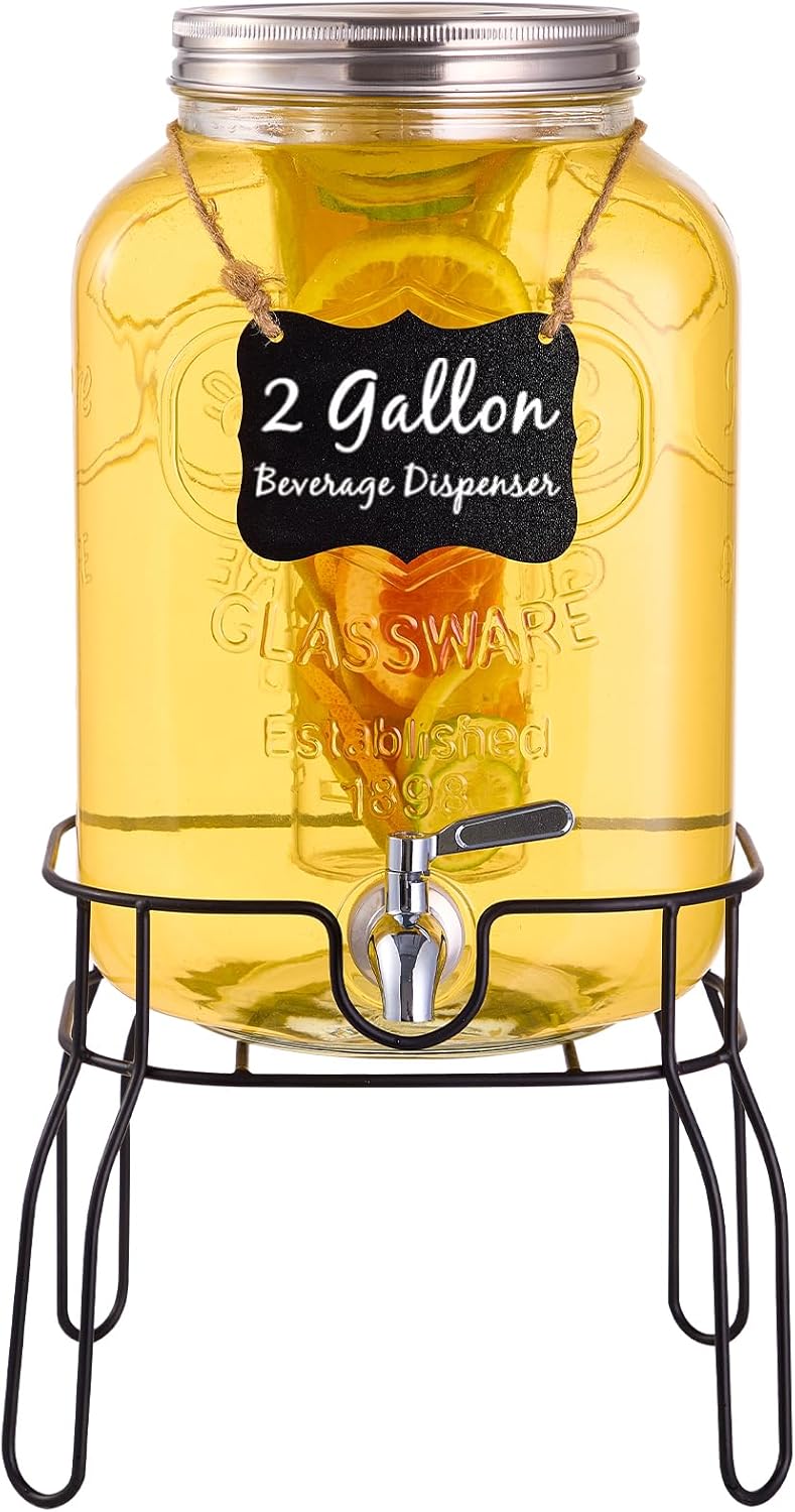 1 Gallon Glass Drink Dispensers for Parties, 2PACK Beverage Dispenser with Stand, Fruit Infuser and Stainless Steel Spigot 100% Leakproof, Beverage Dispenser for Lemonade Sun Tea