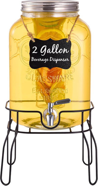 1 Gallon Glass Drink Dispensers for Parties, 2PACK Beverage Dispenser with Stand, Fruit Infuser and Stainless Steel Spigot 100% Leakproof, Beverage Dispenser for Lemonade Sun Tea