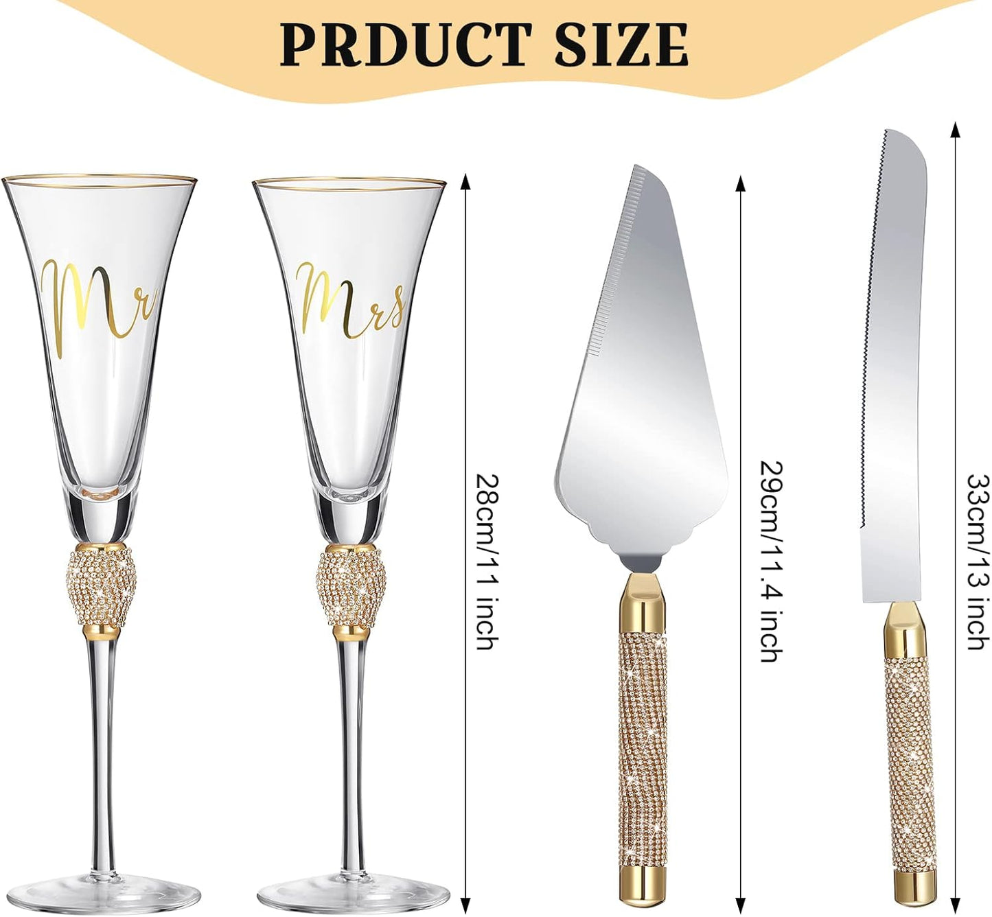 Boao 4 Piece Mr and Mrs Champagne Flutes and Cake Knife Server Set Crystal Wedding Toasting Flutes Rhinestone Cake Cutting Set for Bride and Groom Wedding Engagement Bridal Shower Gifts(Silver)