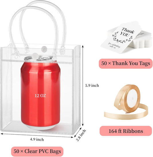 Mauproy 30 Pack Clear Gift Bags with Handles, Party Favor Bags with Ribbons and Tags, Reusable Goodie Tote Bags for Mother's Day Wedding Baby Shower (5.9” x 6.3” x 2.8")