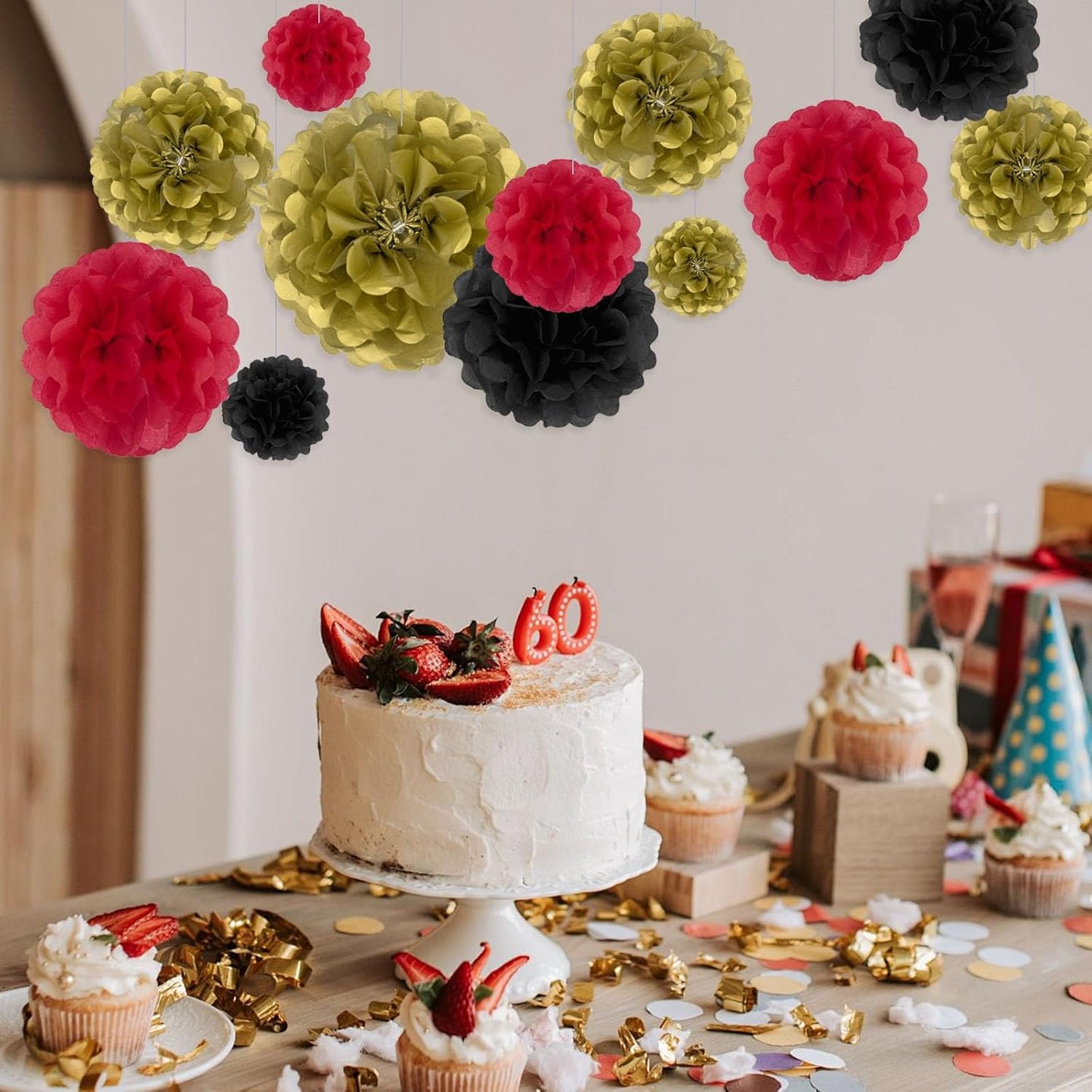 Tissue Paper Pom Poms, Pink Tissue Paper Flowers, Hanging Flower Balls for Weddings Fiesta Parties Birthday Baby Showers Classroom Bridal Shower Decoration (18Piece Set-6/10/12/14Inch)