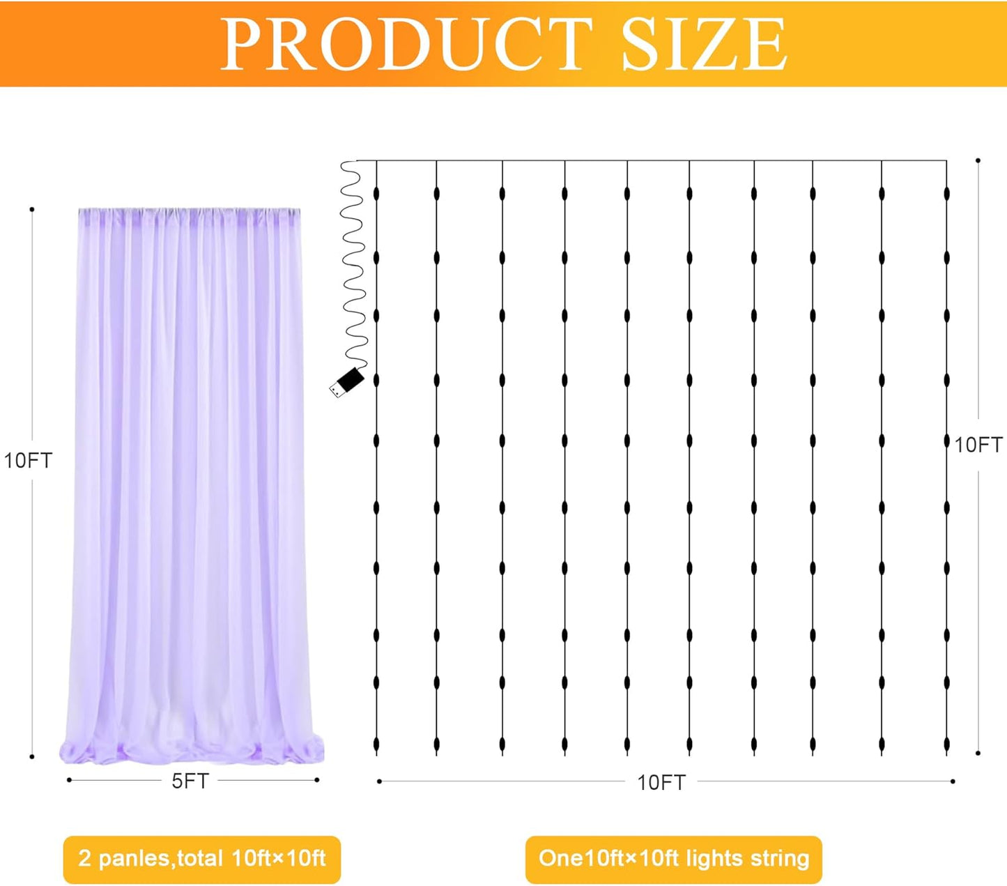 Fomcet Tulle Backdrop Curtains with Lights String White 10FT X 8FT Sheer Curtain with Lights Tulle Curtains Backdrop for Wedding Birthday Party Baby Shower Photo Shoot (2 Panels 5x8FT)