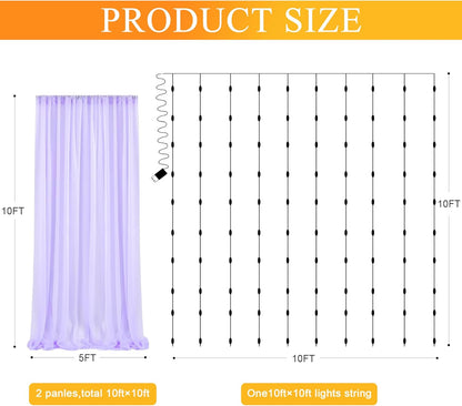 Fomcet Tulle Backdrop Curtains with Lights String White 10FT X 8FT Sheer Curtain with Lights Tulle Curtains Backdrop for Wedding Birthday Party Baby Shower Photo Shoot (2 Panels 5x8FT)