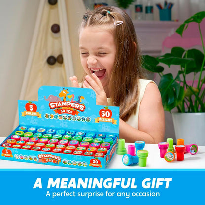 JOYIN 50 Pcs Assorted Stamps for Kids - Self-Ink Stamps with 50 Designs for Birthday Party Favor, Carnival Prizes, School Stampers, Goodie Bag, Classroom Treasure Box Toys (Zoo, Holiday Stampers)
