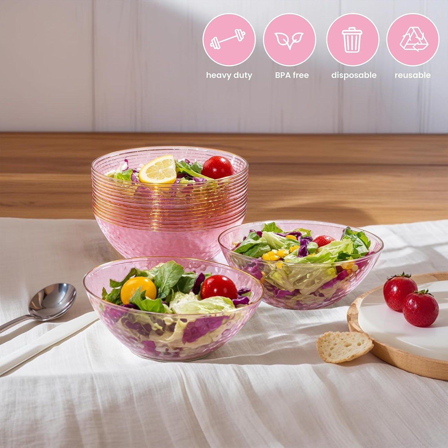 I00000 30 Pack 12 Ounce Pink Plastic Bowls Hammered Clear Bowl with Gold Rimmed, Heavy Duty Disposable Bowl Set,Elegant Salad/Dessert/Ice Cream Small Bowls for Party Weddings