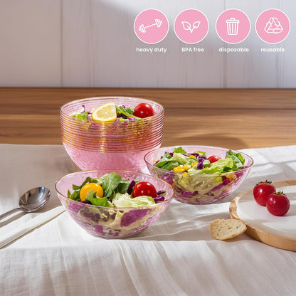 I00000 30 Pack 12 Ounce Pink Plastic Bowls Hammered Clear Bowl with Gold Rimmed, Heavy Duty Disposable Bowl Set,Elegant Salad/Dessert/Ice Cream Small Bowls for Party Weddings