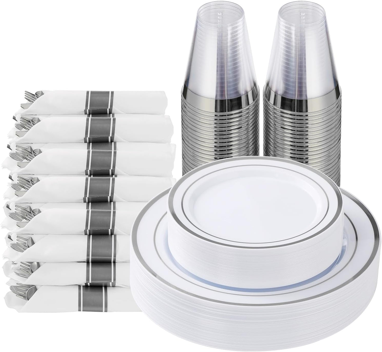 Goodluck 350 Piece Silver Plastic Dinnerware Set for 50 Guests, Fancy Disposable Plates for Party, Include: 50 Dinner Plates, 50 Dessert Plates, 50 Pre Rolled Napkins with Silver Silverware, 50 Cups