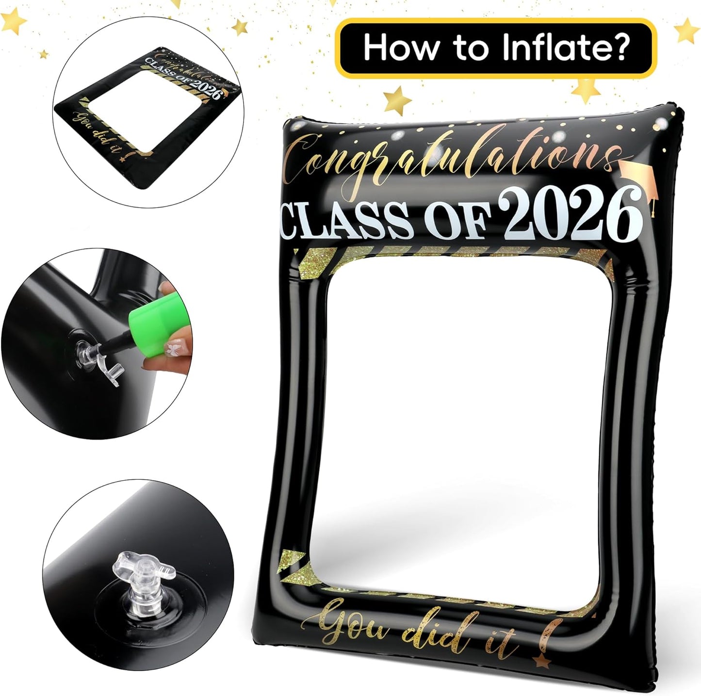 POPGIFTU Class of 2026 Graduation Photo Booth Frame, Inflatable Selfie Frame 31" x 24", Black Gold Congrats Grad Photo Booth Props for Graduation Party Decorations 2026