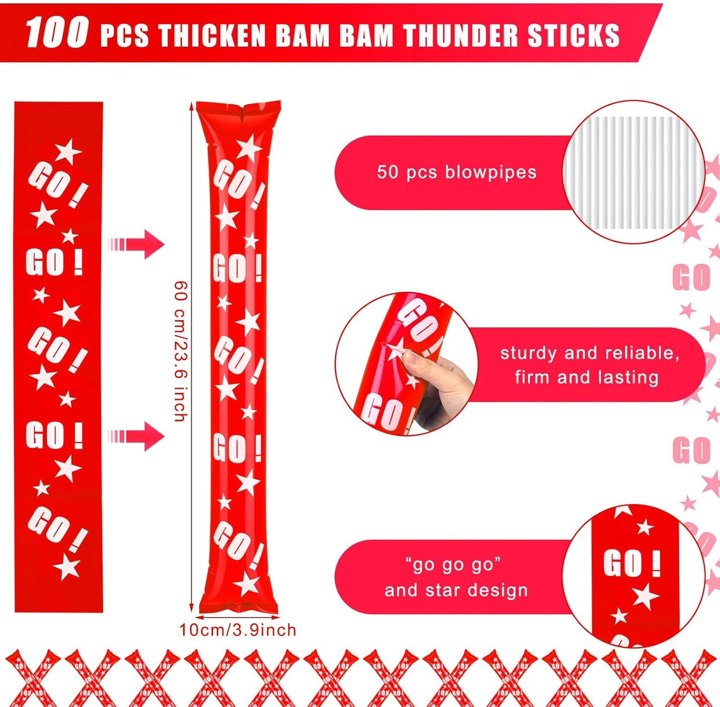 Hungdao 100 Pcs Thunder Sticks Spirit Boom Sticks Cheerleading Football Noise Makers Inflatable Noisemakers for Party Dance Basketball Sporting Event