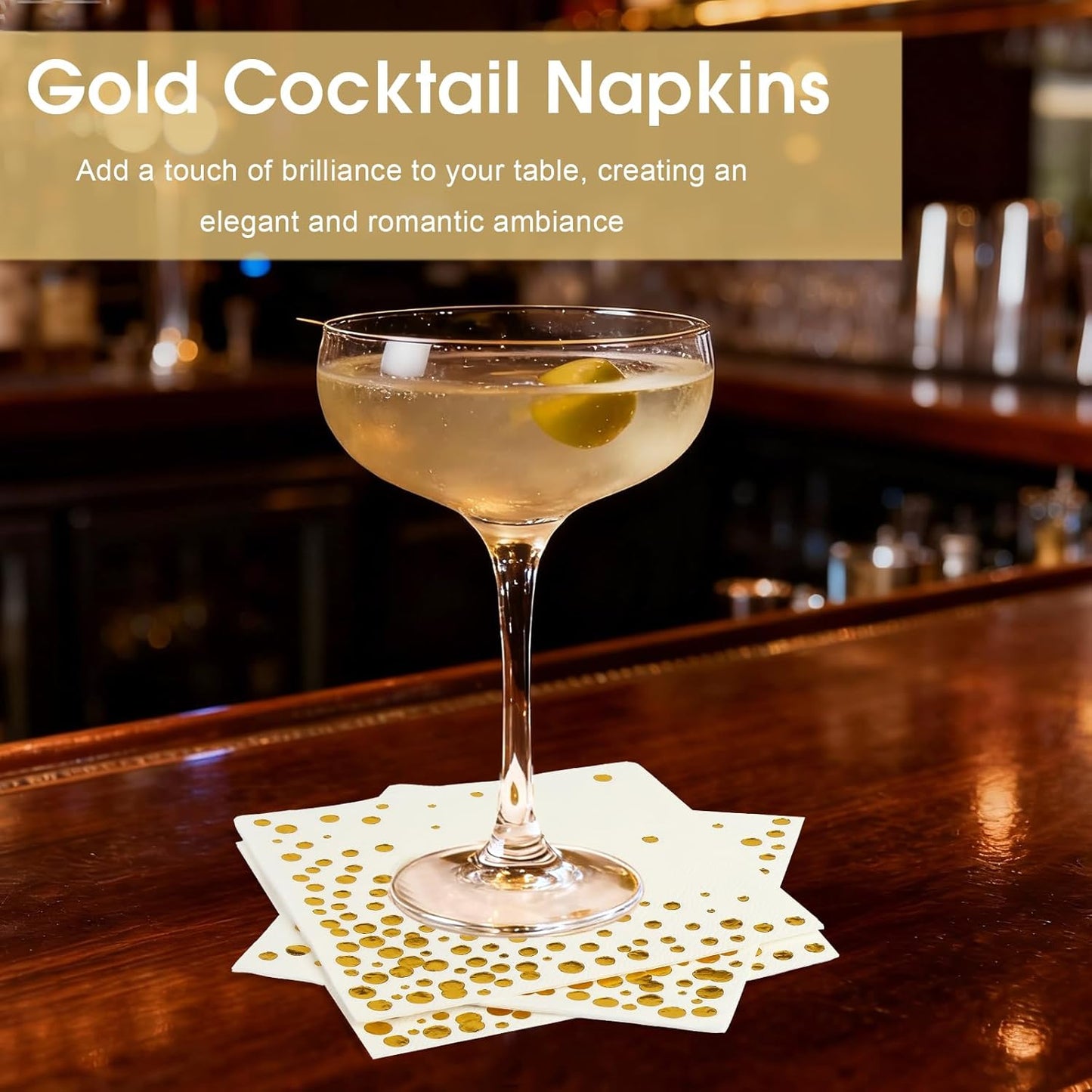 100 Pcs Gold Cocktail Napkins, 3-Ply Party Paper Napkins, 5 x 5 Inches Bar Napkin Disaposable for Weddings, Birthdays, Baby Showers, Anniversaries, and Cocktail Parties (White)