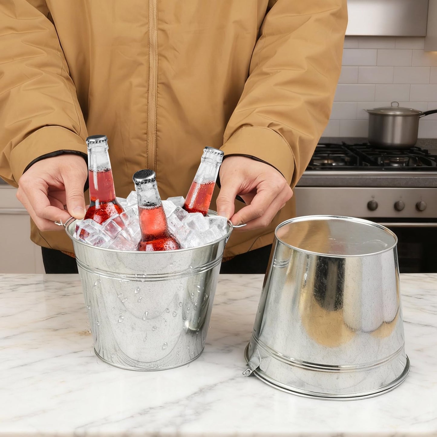 3 PCS 15.3 x 9 x 6 inches White Metal Galvanized Tub with Iron Handles, 3 Gallon Beverage Tubs for Parties, Large Ice Buckets for Beer, Wine, Cocktails & Outdoor Events