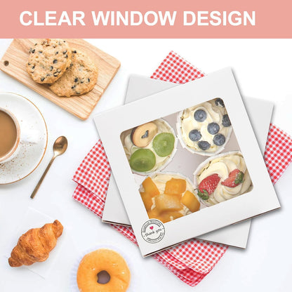 OAMCEG 50 PCS Cupcake Boxes with Window, 6x6x3 Inch Cookie Boxes, Bakery Treat Boxes for Pastry, Dessert, Chocolate Strawberries, Cupcake Containers, Gift Giving with Stickers & Twine （Brown）