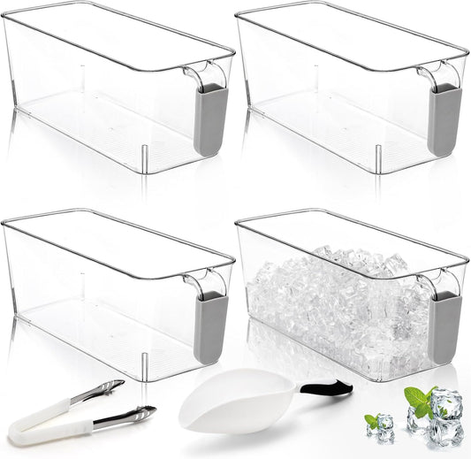 Pumtus 4 Pack Clear Ice Bins for Freezer, Plastic Ice Bucket with Flexible Scoop & Ice Tong, Pull Out Handle Ice Container, Kitchen Food Storage Organizer, Pantry Canister for Wine Beverage Fruit