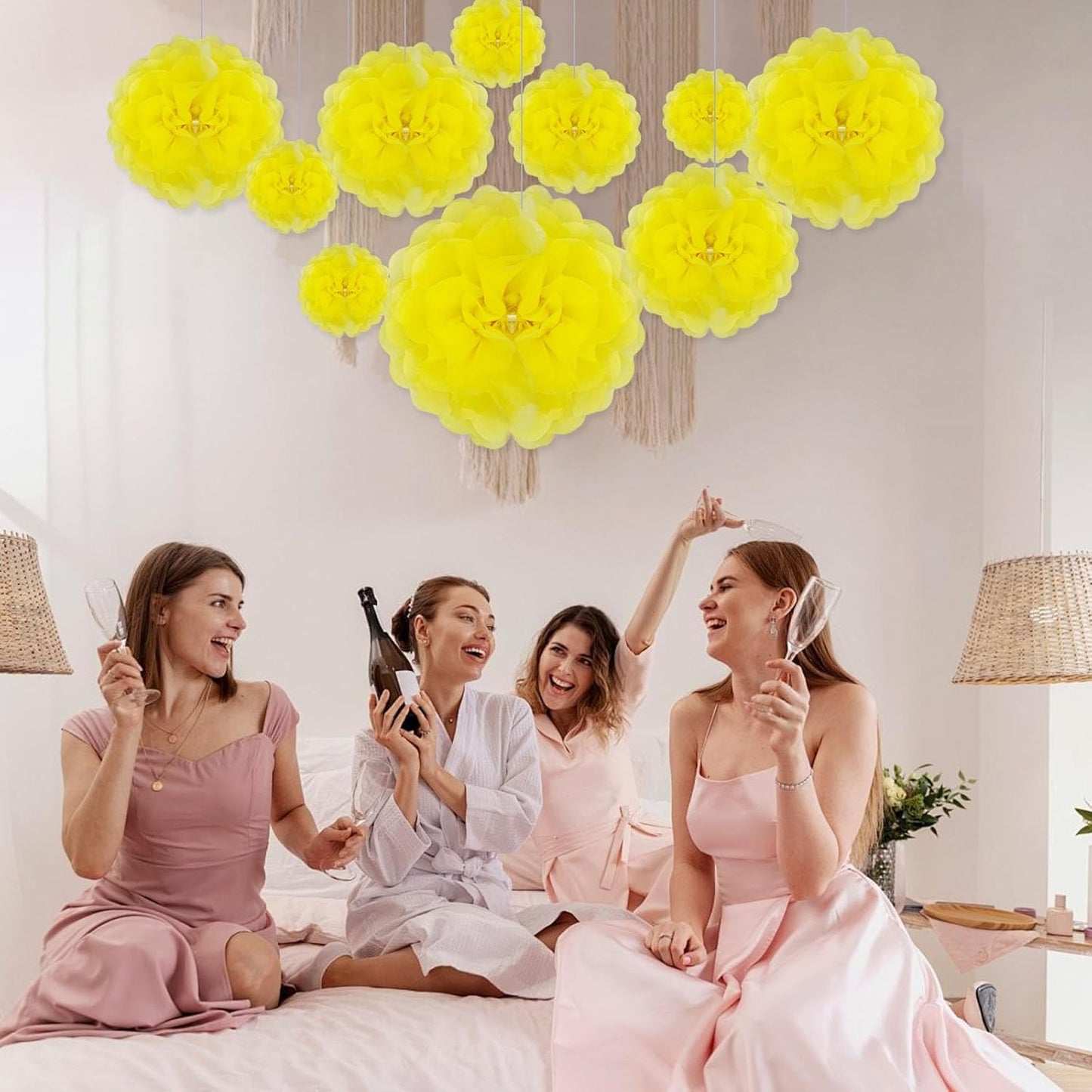 Tissue Paper Pom Poms, Pink Tissue Paper Flowers, Hanging Flower Balls for Weddings Fiesta Parties Birthday Baby Showers Classroom Bridal Shower Decoration (18Piece Set-6/10/12/14Inch)