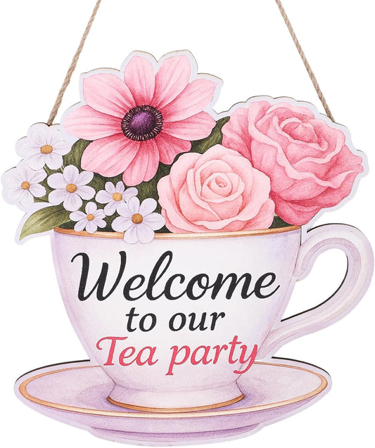 Tea Party Decorations Door Sign, Colorful Teacup Shaped Floral Welcome Plaque Hanging Wooden Decor for Women Afternoon Tea Home Front Door & Wall Decoration Supplies