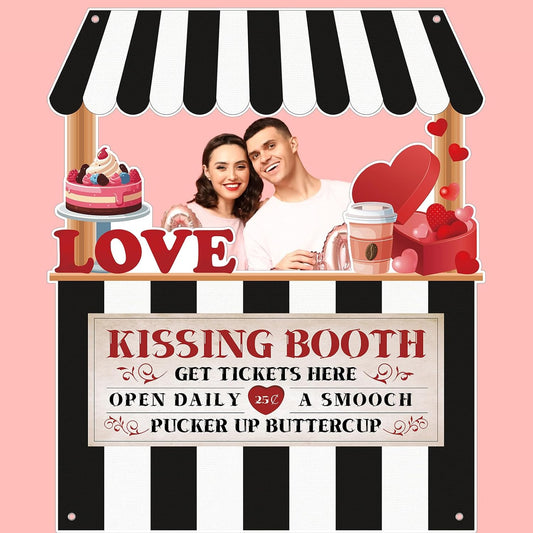 Valentine's Day Kissing Booth Backdrop Photo Prop Selfie Frame Movie Party Decor Black & White Love Theme Decoration Fabric Photo Backdrop for Holiday Event Carnival Party Celebration 71.3x59.6 Inch