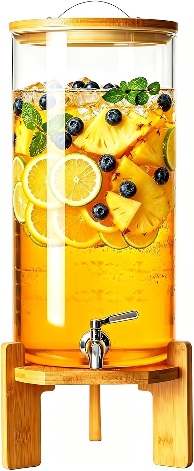 Beverage Dispenser, 4Gallon Glass Drink Dispenser with Stand, Stainless Steel Spigot, Ideal for Parties, Bars, Restaurants (15L/4 Gallon)